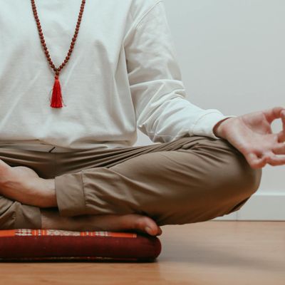 Close-up of a person's hands in a calm, meditative gesture.